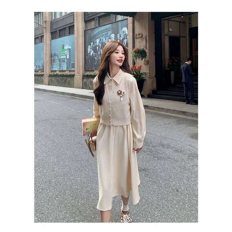 Collar Suit Spring and Autumn Women's New College Style Knitted Vest Dress Two-piece Set XJ260130