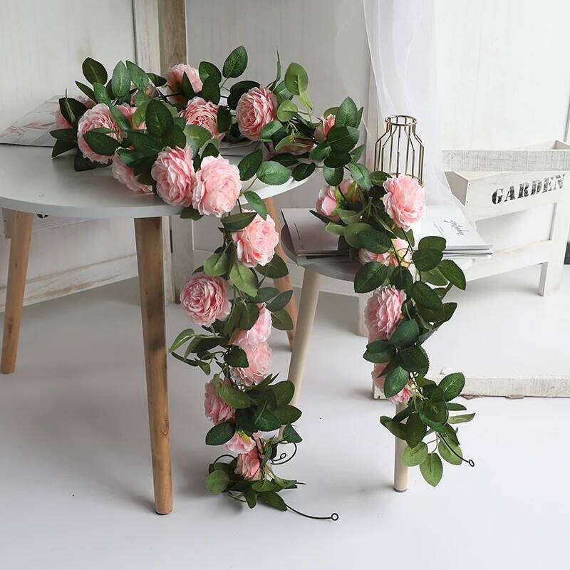 Pink Silk Peony Rose Flower Artificial Ivy Rattan Wedding Party Wall Hanging Garland Home Garden Decoration Green Plants W260130