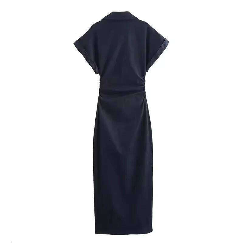 Denim Women's Spring Summer Casual Long Dresses For Women 2026 New Fashion Ruched Short Sleeve Streetwear Midi Dress XJ260130