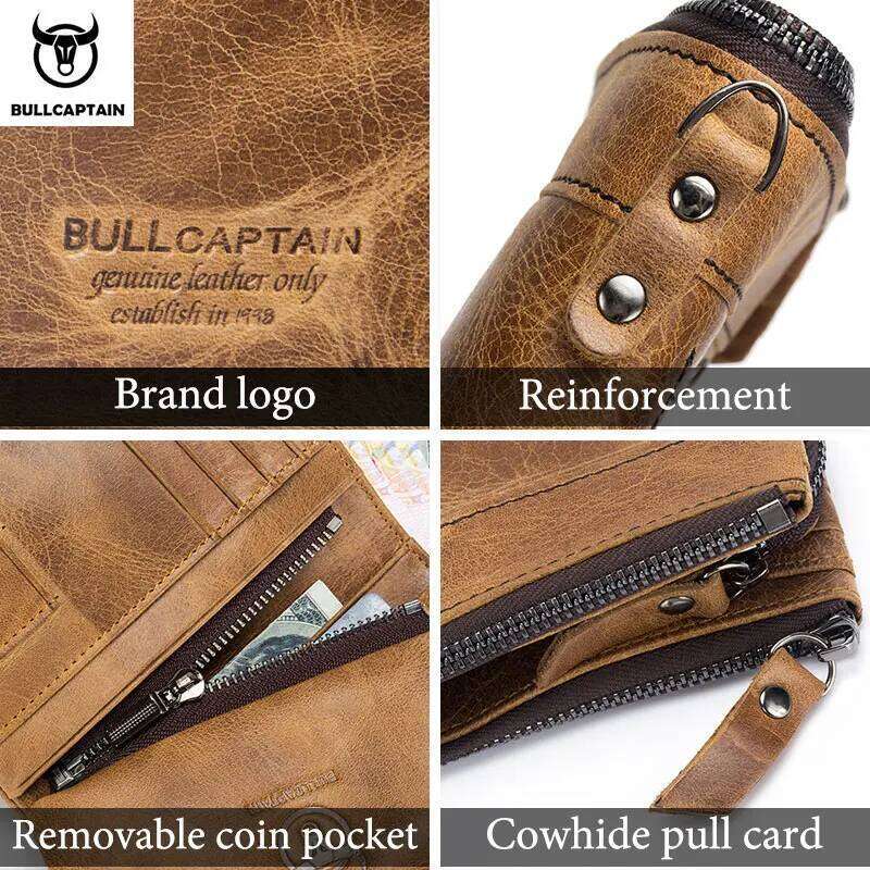 BULLCAPTAIN Authentic Leather Men's Purse Small Retro Brand High RFID New Short Wallet Z260130