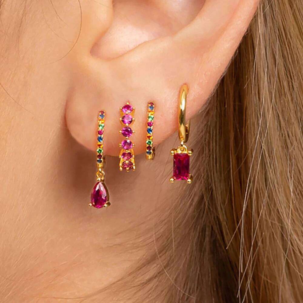 4PCS Colorful Cubic Zirconia Stainless Steel Hoop Earrings Set for Women Pendant Water Drop Earring Cartilage Piercing Jewelry