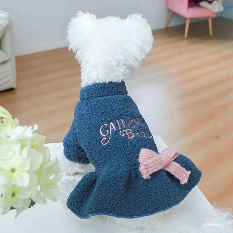 1PC Pet Apparel Cat Dog Autumn Winter Plush Thickened Warm Blue Bow Princess Dress Suitable for Small and Medium sized Dogs H260129