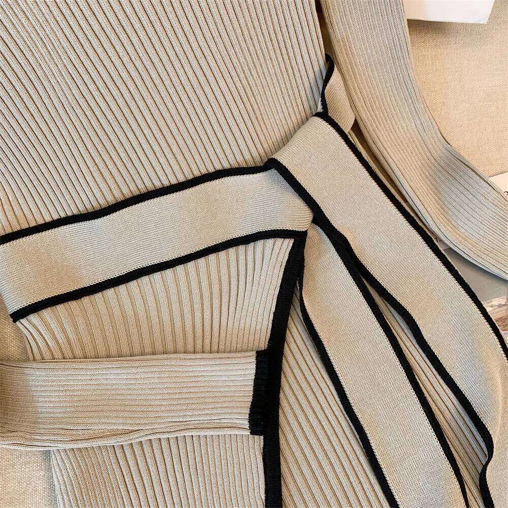 YuooMuoo Brand Fashion Lace-up Knitted Women 2025 Autumn Winter Elegant Bodycon Long Sweater Dress Office Lady Vestidos XJ260130