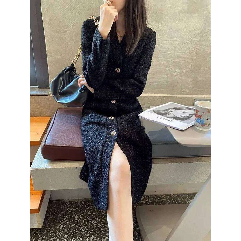 Black Elegant Button Midi Women Autumn Winter V Neck Office Lady Dresses Female Long Sleeve Chic Casual A Line Dress New XJ260130