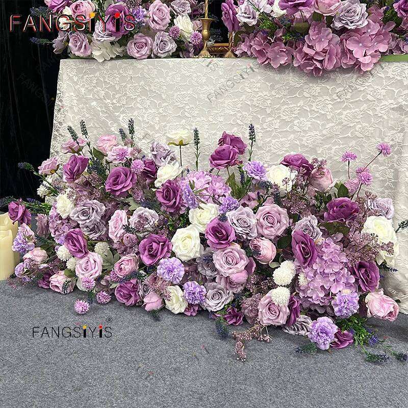 Purple Rose Artificial Flower Row runner NEW Luxury Wedding Table Centerpiece flower ball wreath Backdrop Decor Party Stage prop Y260130