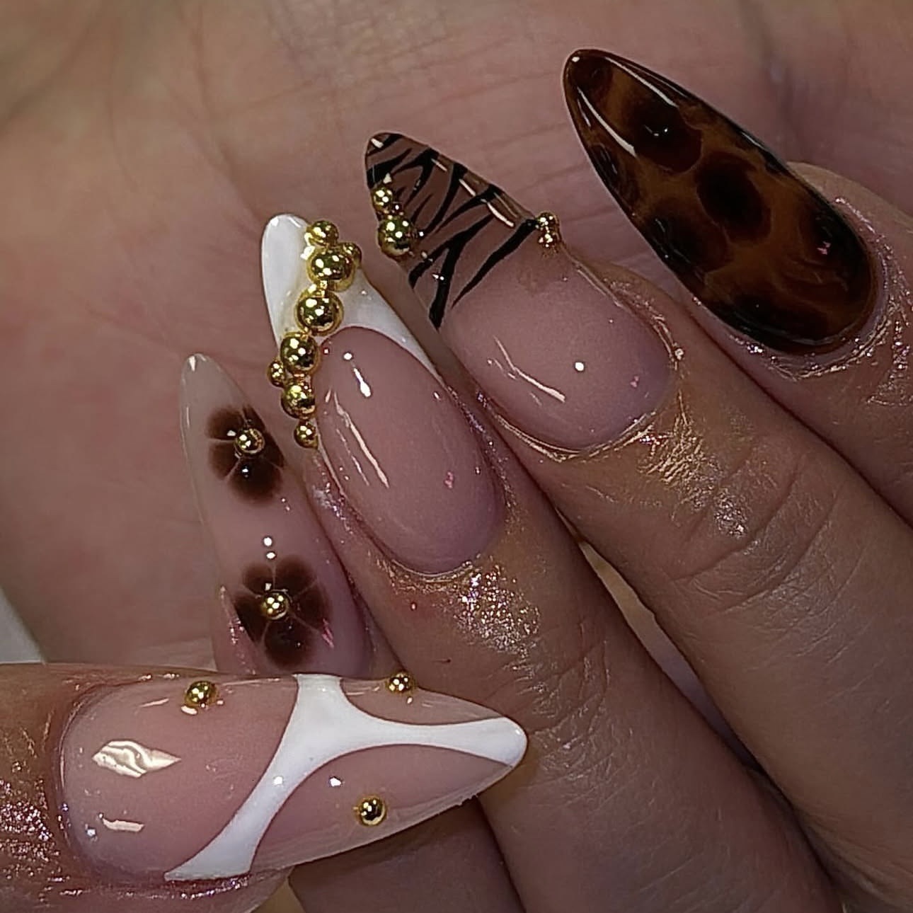 Autumn Winter Foreign Trade Water Drop Wearable Nails French Leopard Print Gold Beads Small Flowers Brightening Fake Nail Tips Detachable 24 Pieces