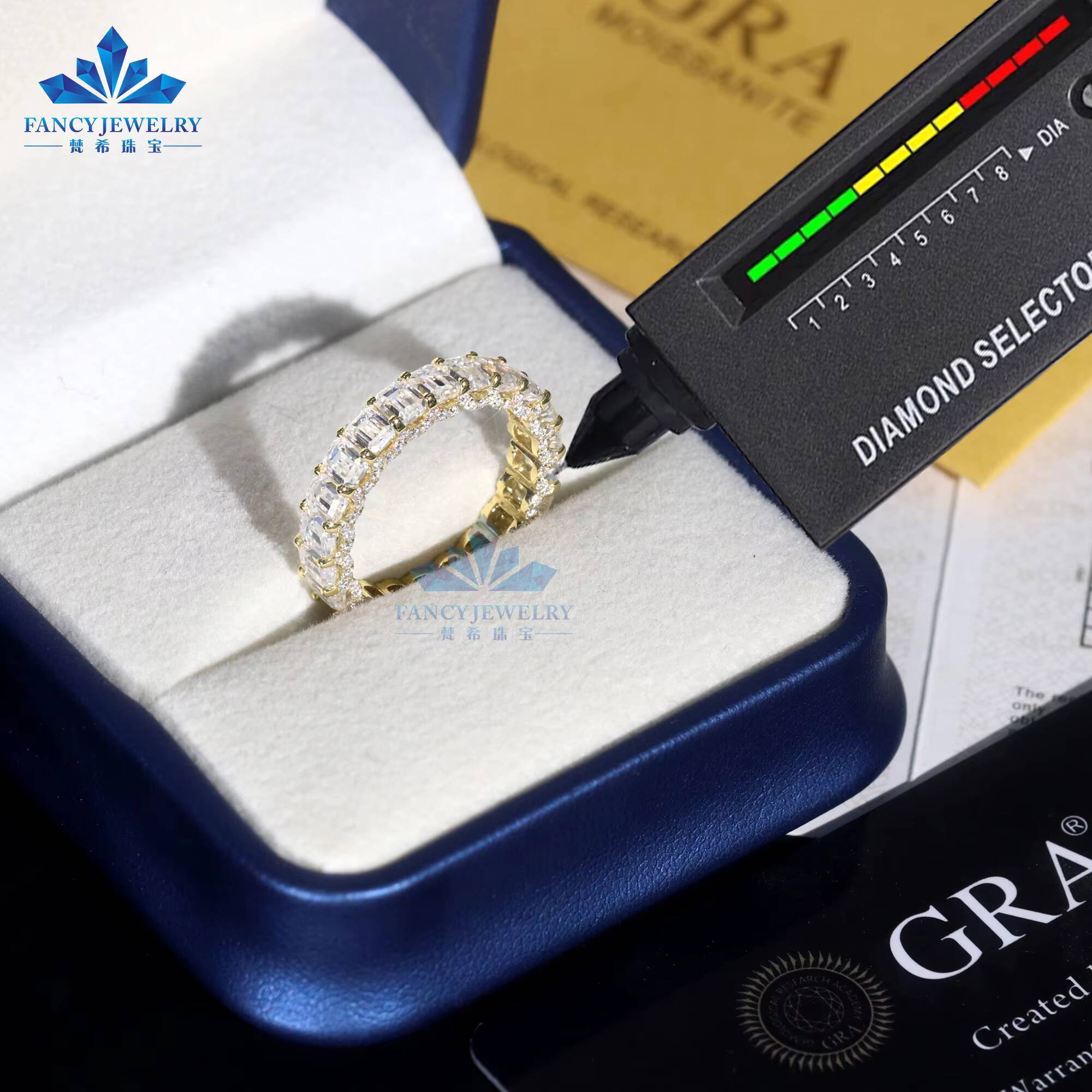 Fine Jewelry 14K Solid Yellow Gold Moissanite Rings Ice Out Women Men Emerald Cut 3x4MM Moissanite Engagement Eternity Rings