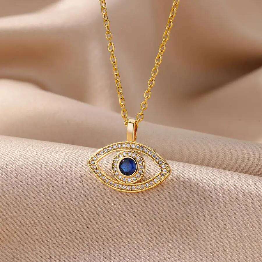 Zircon Blue Evil Necklace for Women Gold Color Stainless Steel Turkish Eye Pendant Necklaces Lucky Jewelry Gift collier femm