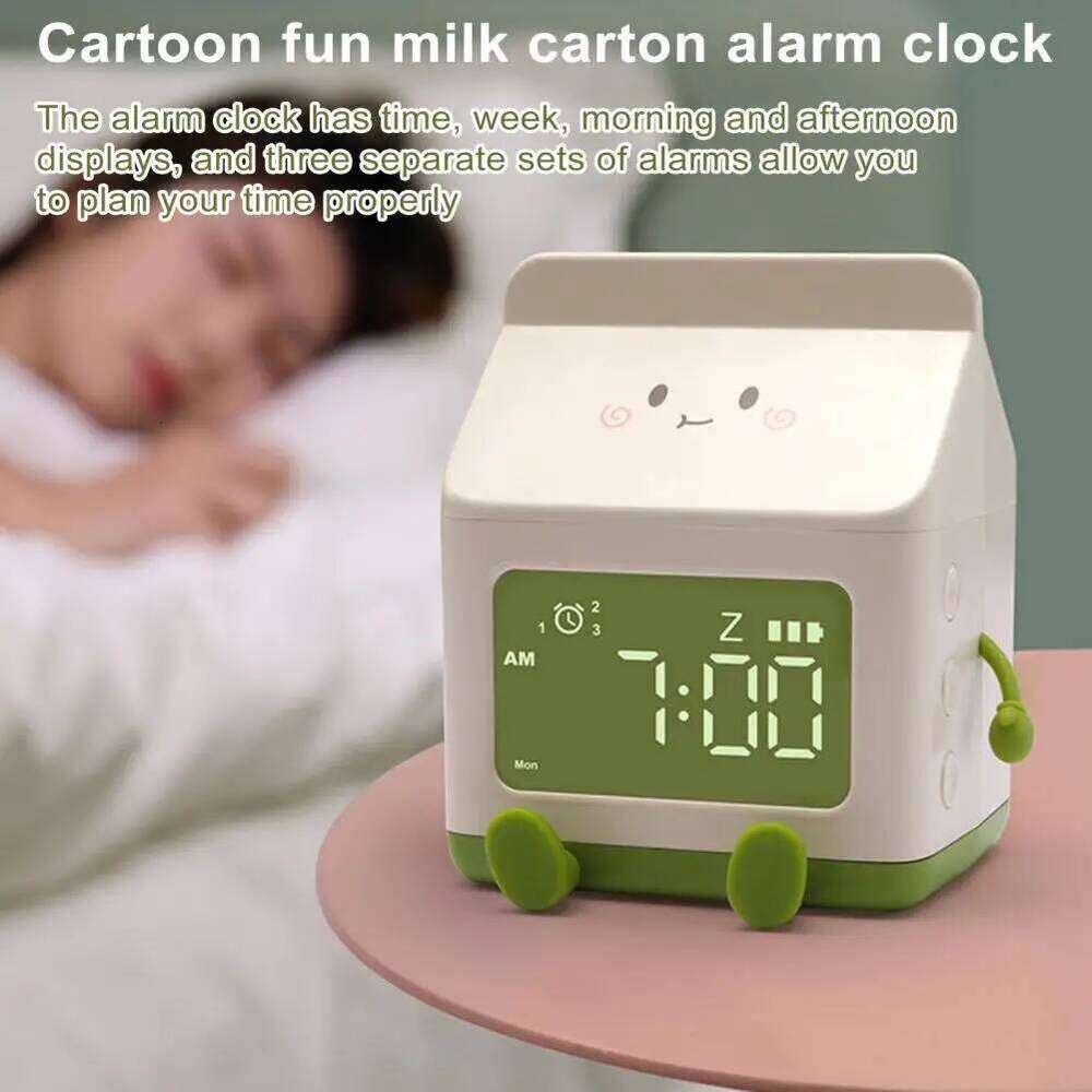 Type-c Rechargeable Milk Box Shape Children's Alarm Clock with Large Screen for Bedroom W260130