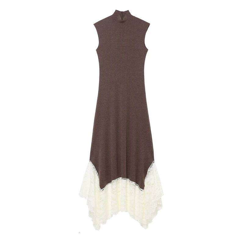 Women's Brown Mock Neck Sleeveless Maxi with White Lace Hem - Elegant Asymmetric Knit Dress for Casual & Formal XJ260130