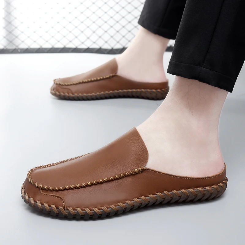 Men Slippers Genuine Leather Loafers Moccasins Outdoor Non-slip Black Casual Slides Summer Spring Fashion Shoes Plus Size 38 260124