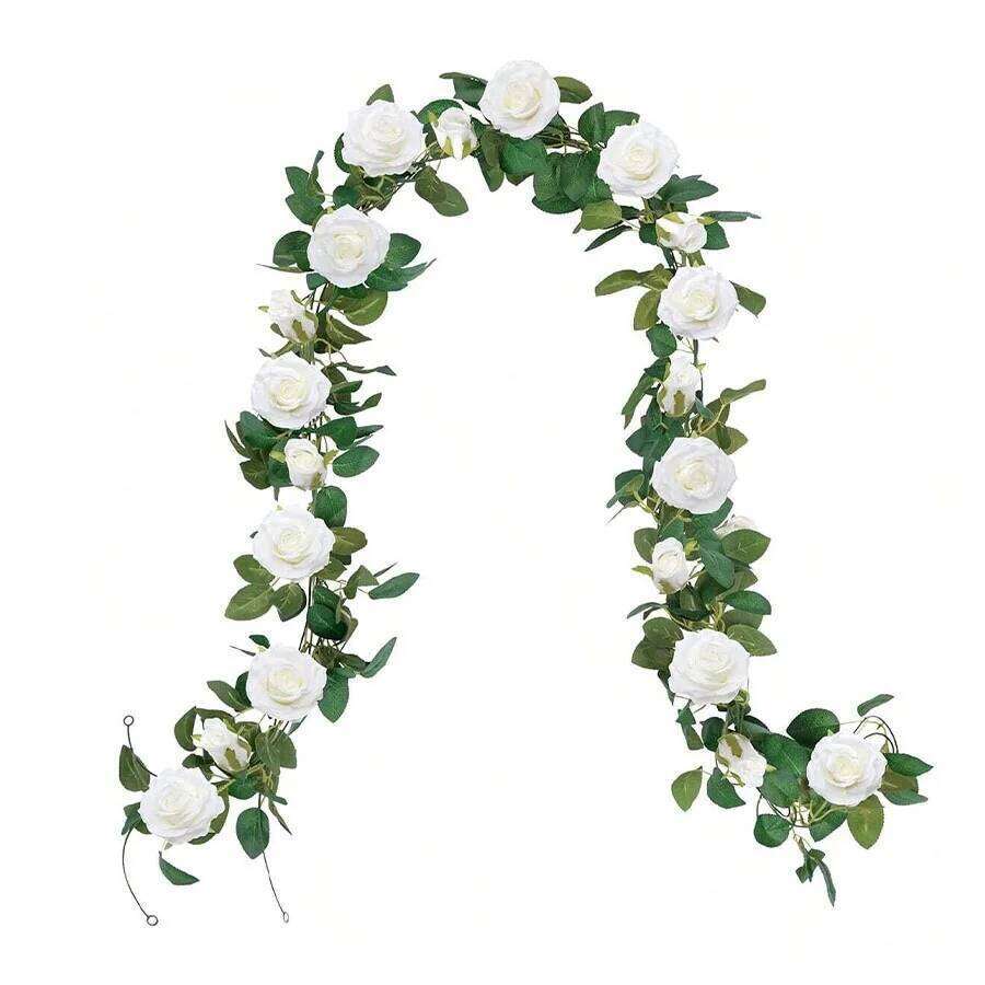 1pc 200cm/6.5ft Artificial White Rose Vines Floral Garlands Total, Fake Vine Silk Flower Garland for Indoor, Outdoor Home Wedding W260130