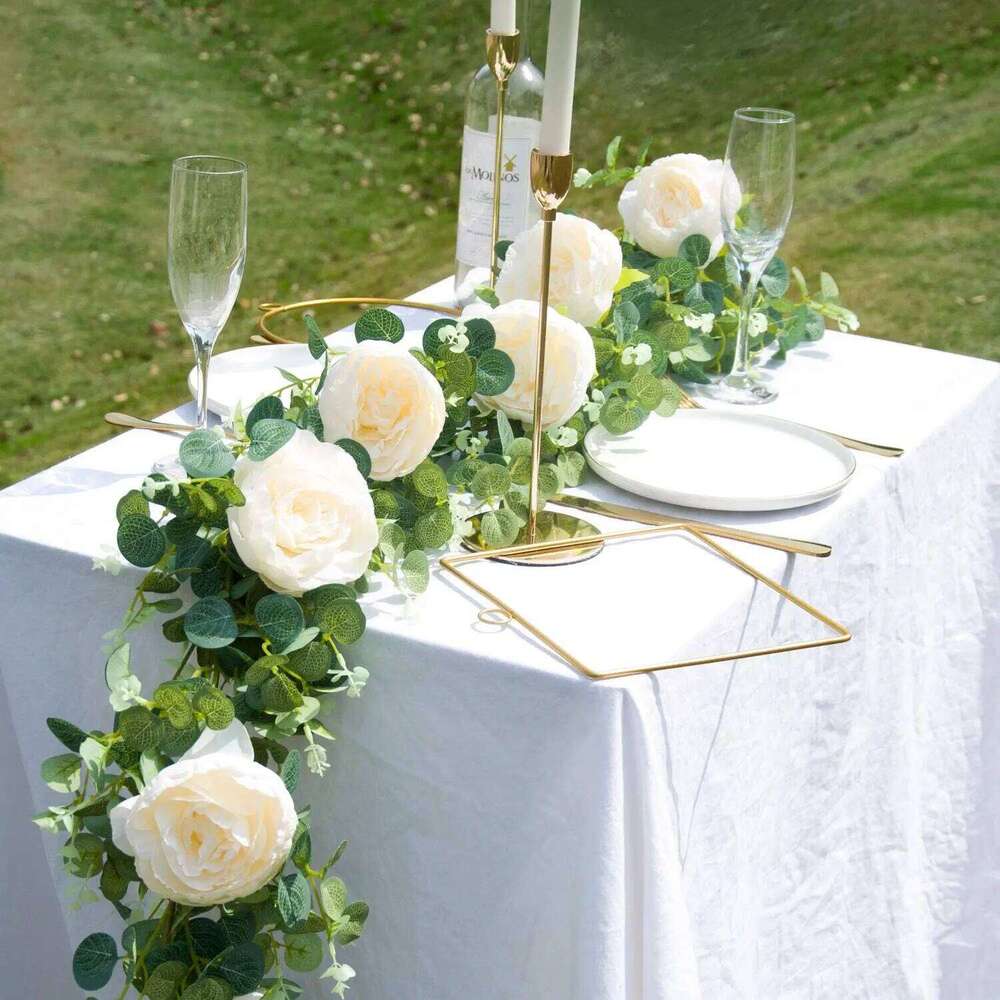Artificial Garland with White Rose Peony Vine Eucalyptus Strands for Wedding Birthday Party Home Garden Decoration W260130