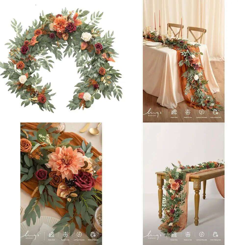 6FT Burnt Orange Eucalyptus & Rose Artificial Floral Garland for Wedding Sweetheart Table, Fall Mantle Decor, Christmas Y260130