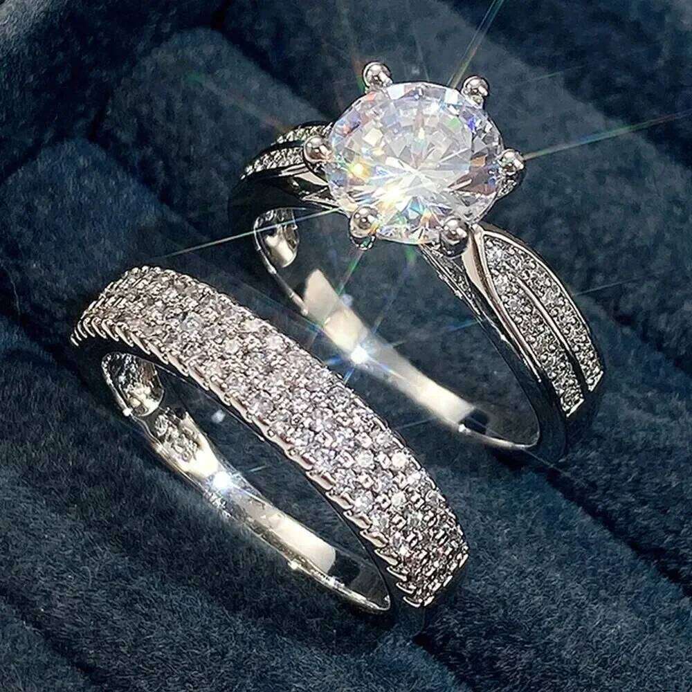 2 Pcs Shiny Square Stack Ring Set Inlaid Round Sparkly Zirconia Coupon Rings for Women Party Wedding Jewelry XJ260130
