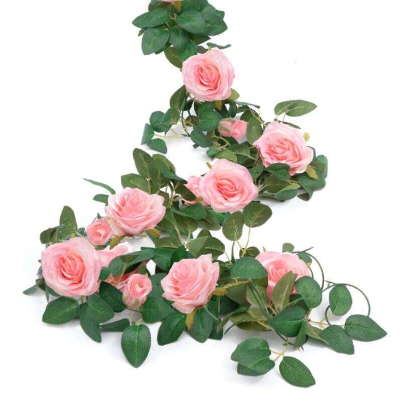 200CM 9heads Artificial Pink Rose Vine Wreath Fake Flowers Hanging Silk Garland for Home Wedding Party Arched Wall Decorations W260130
