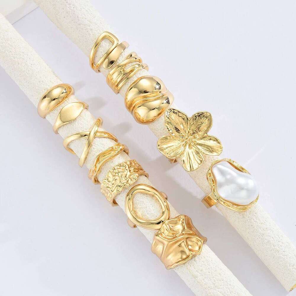 12 Pcs Irregular Gold Color Flower Opening Set for Women Bohemian Imitation Pearl Geometric Rings Holiday Jewelry Gift New XJ260130