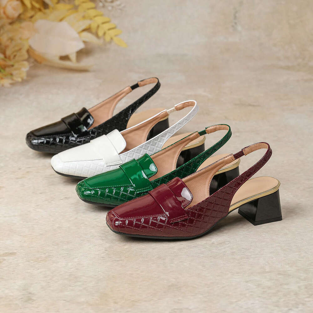 Burgundy High Heels Backless Sandals Women Patent Leather Square Toe Chunky Design Shoe Heel Large Size 43