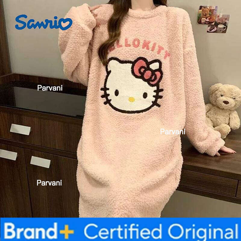 Sanrio Hello Kitty Cartoon Women Sleep Dress Coral Fleece Thickened Student Dormitory Sweet Mid Length Homewear Autumn Winter H260130