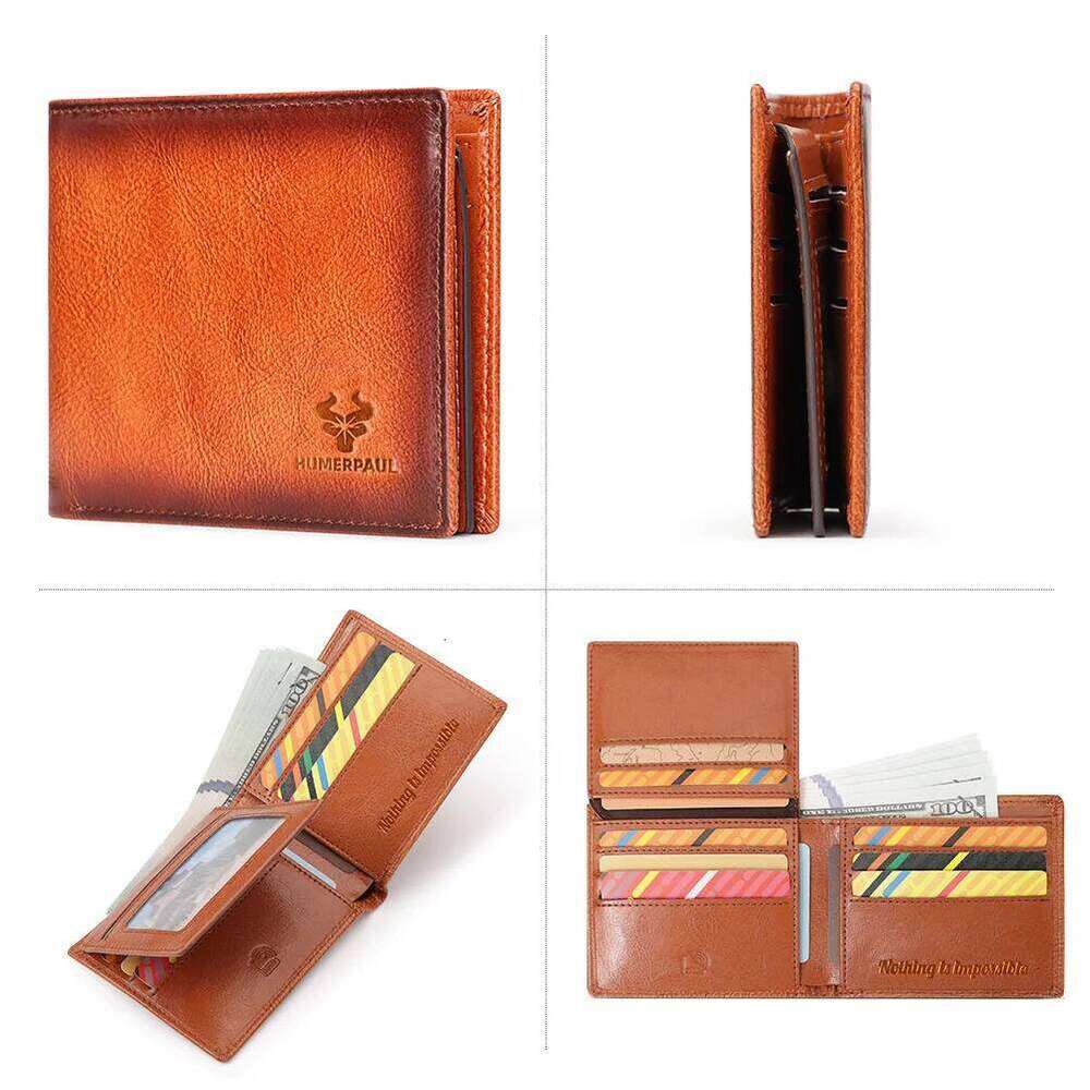 HUMERPAUL Wallet for Men Genuine Leather RFID Blocking Bifold Stylish Card Holder Purse with ID Window Classic Male Money Bag Z260130