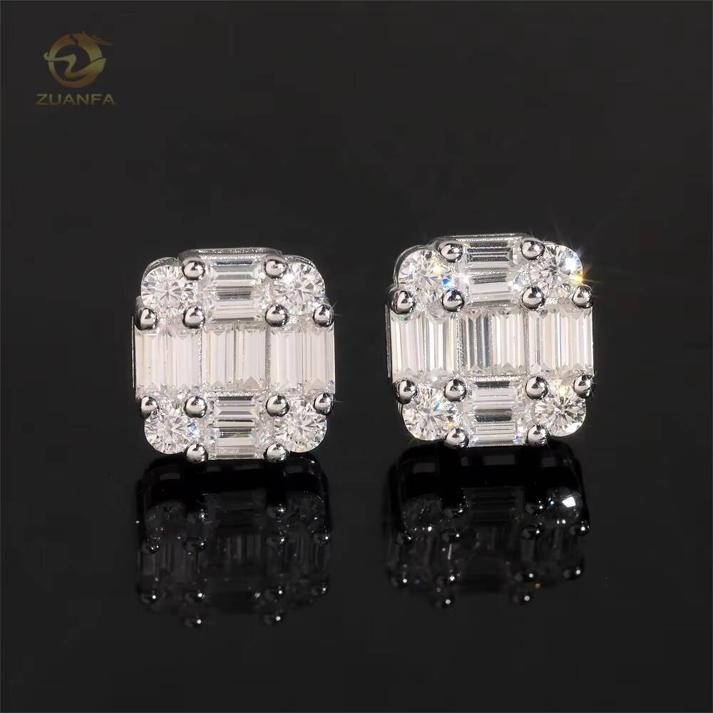 Pass Diamond Tester High Quality Baguette Diamond Design 925 Sterling Silver White Gold Moissanite Earrings