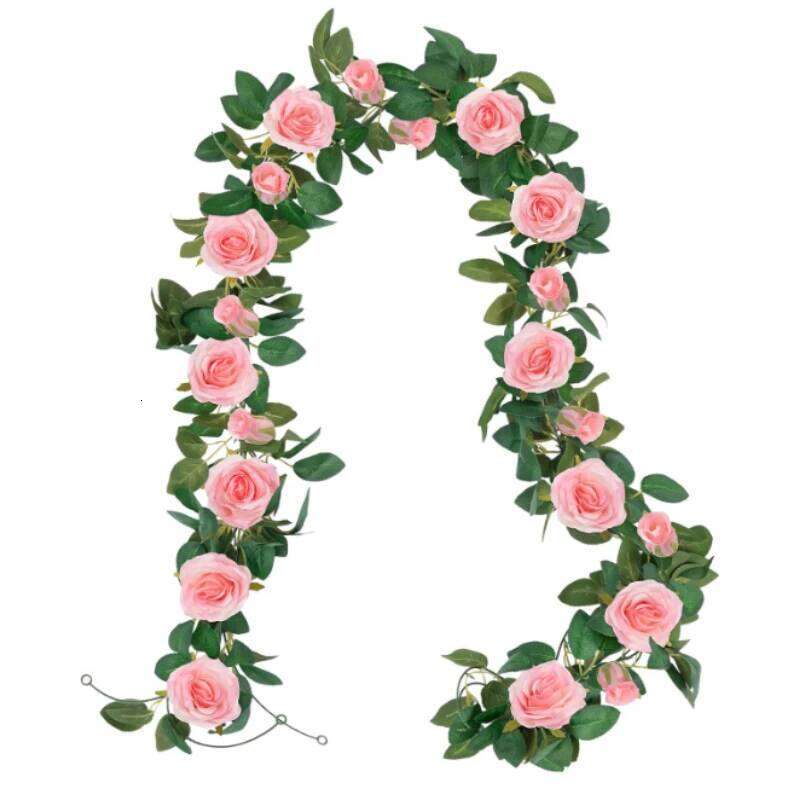200CM 9heads Artificial Pink Rose Vine Wreath Fake Flowers Hanging Silk Garland for Home Wedding Party Arched Wall Decorations W260130
