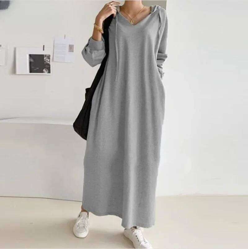 Autumn Women's 2024 New Fashion Simple Retro Dress Sweatshirt Winter Long Sleeve Pocket Solid Hooded Robe XJ260130