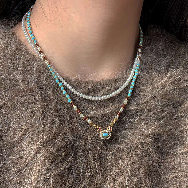 Turquoise Red Agate Shijia Pearl Beaded for Women Elegant Internet Celebrity Light Luxury New Chinese National Style Collarbone Necklace