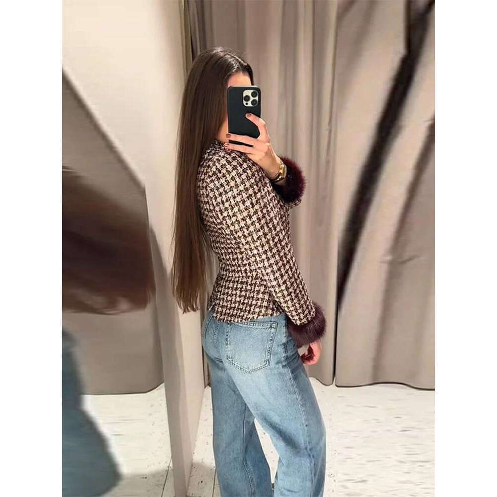 ZHE HAN Fashion Women Stand Collar Tweed Jacket Elegant Long Sleeve Faux Fur Cuffs Coat 2026 Spring New Single Breasted Outerwear Street