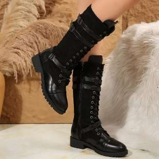 Large Size Belt Buckle Long Tube Riding for Women, New Autumn Round Toe Chunky Heel Lace-up Leather Boots