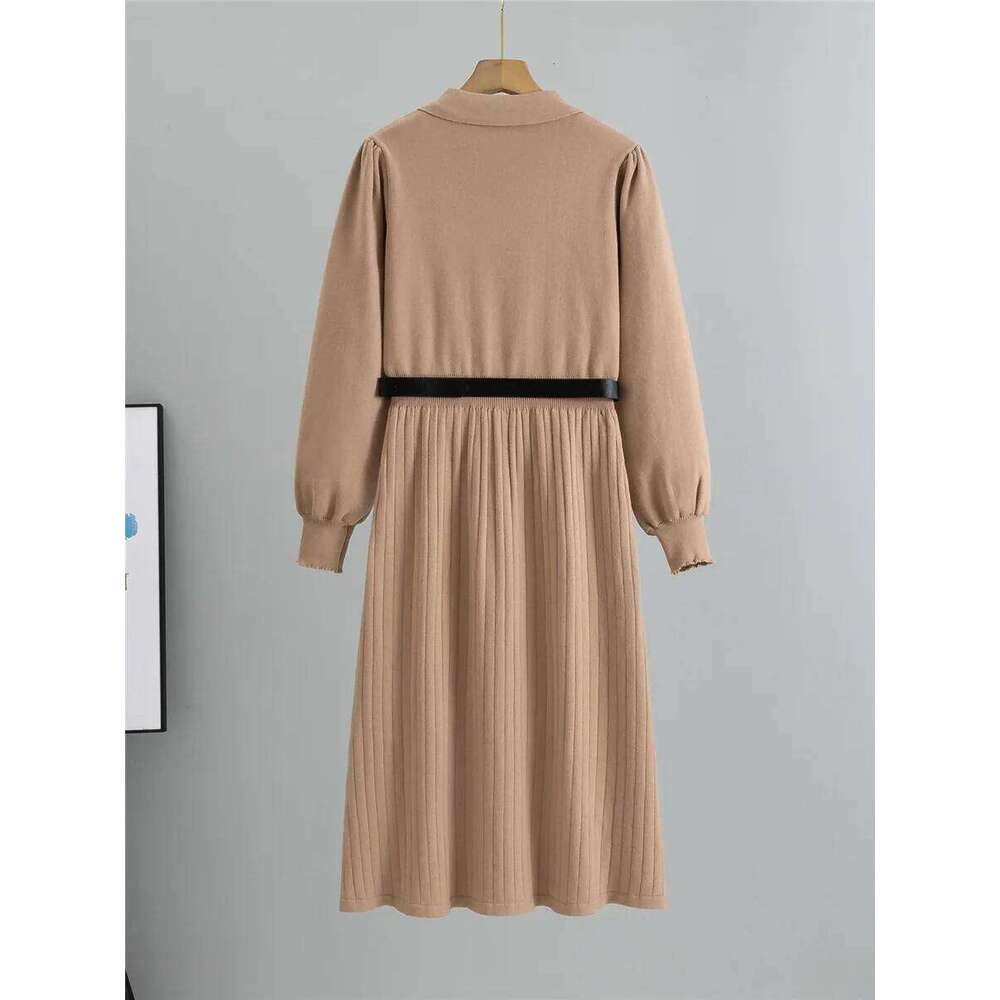 Elegant New Knit A-lined Slim Dress With Belt Korean Design Polo Neck Knitwears Solid Vestidos Fall Winter Long Sleeve Dresses XJ260130