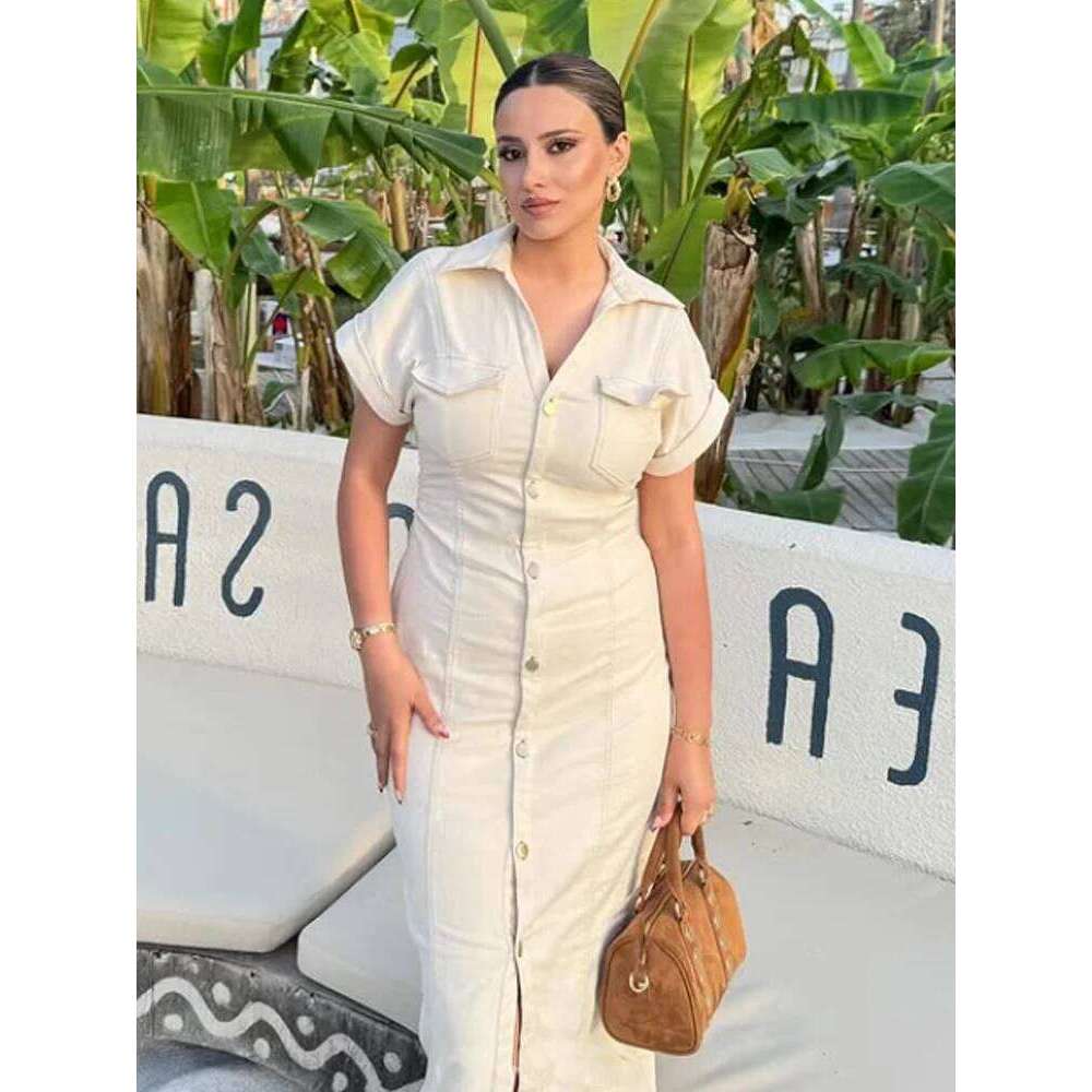 HXAO Women's Dress Button Short Sleeve Midi Summer New Denim Long Dresses Office Elegant Female Clothing XJ260130