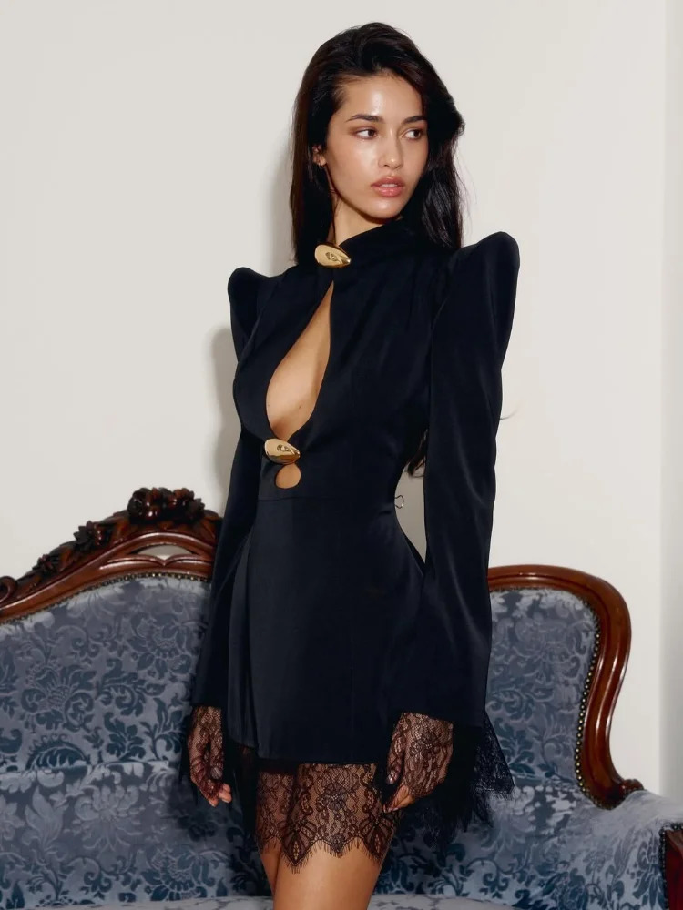 Lace Trim Hollow Out Mini Dress Women Pads Shoulder Waist Cinched High Neck Metal Decorative Aline Gown Lady Daily Party Gowns 260127