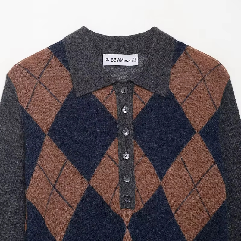 Argyle Plaid Front Button Knitted Pullover Sweater Vintage Lapel Neck Long Sleeves Female Chic Lady Tops