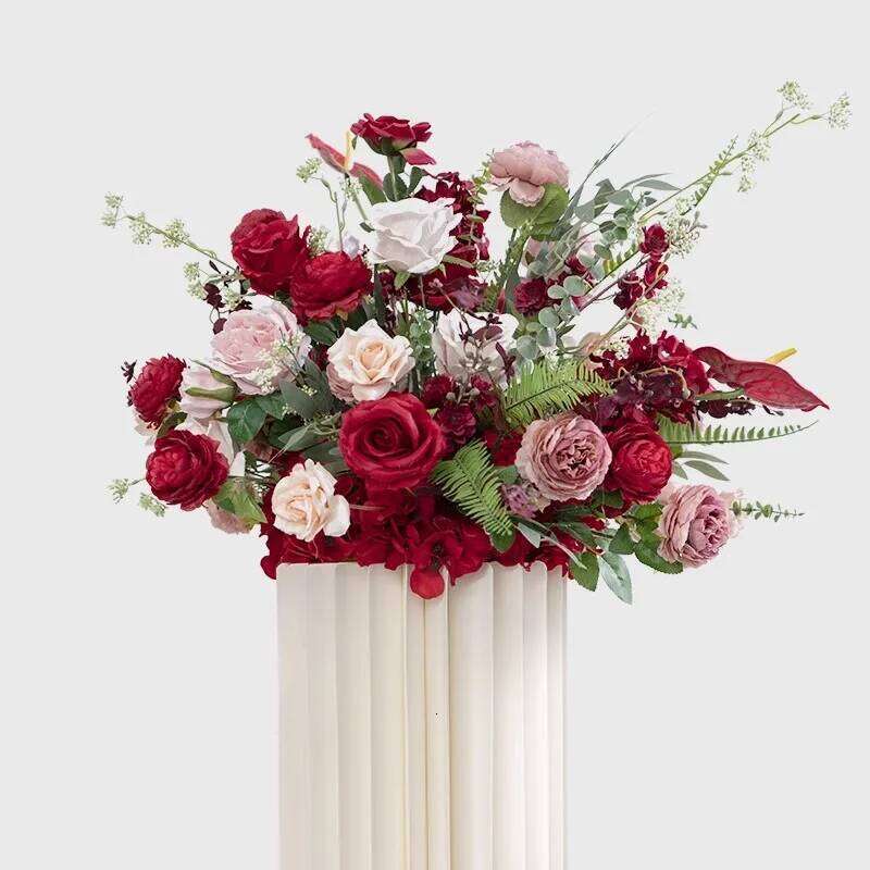 Red Wedding Arch Backdrop Decor Artificial Flower Row Arrangement Hanging Corner Flowers Party Table Centerpiece Floral Ball W260130