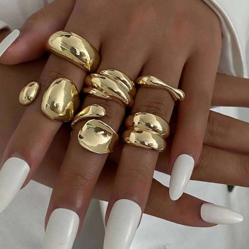 Ingemark 6Pcs/Set Classic Irregular Water Drop Open Rings for Women New Trend Punk Gold Color Geometric Ring Couple Jewelry Gift XJ260130