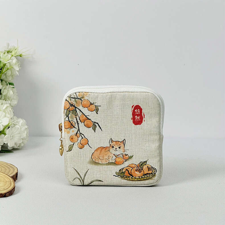 2026 New Student Portable Large Capacity Sanitary Pad Storage Chinese Style Makeup Bag Cotton Linen Card Holder Coin Purse MASA
