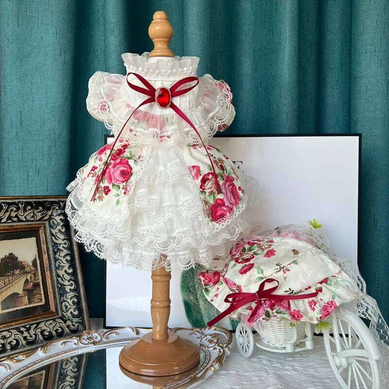 Fine Handmade Cotton Lace Pet Clothes Fashion High-end Flower Print Crystal Bow Princess Dress For Small Medium Dog Poodle H260130