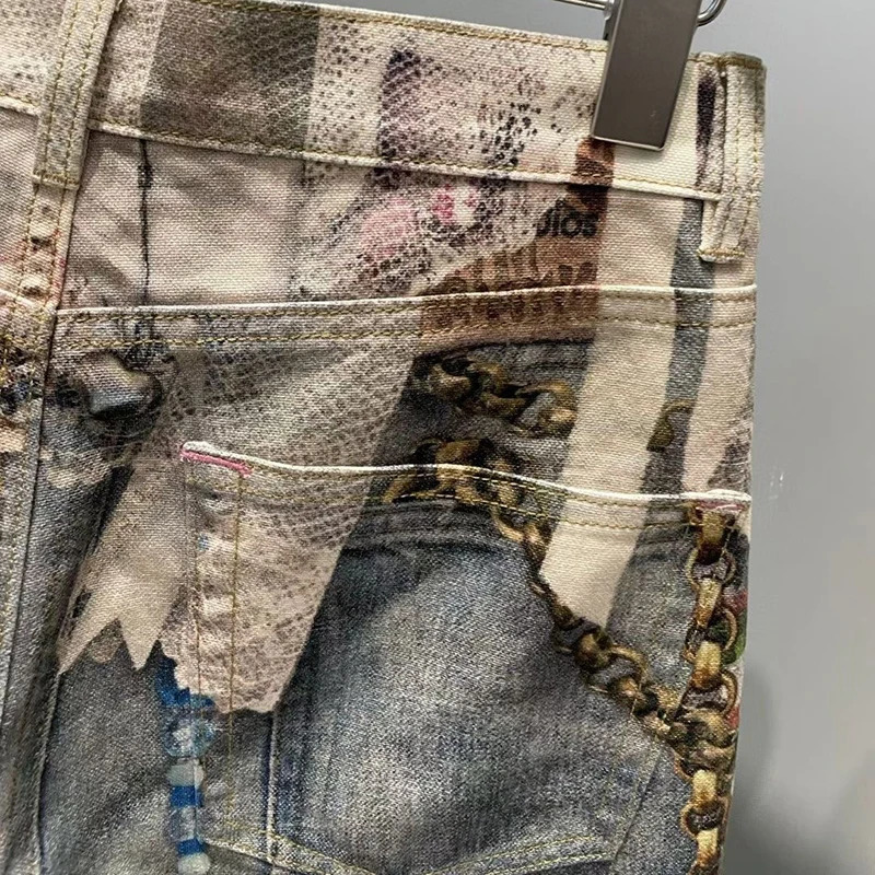 DEAT Fashionable Niche 3D Printed Lace Pearl Chain Denim Pants For Women High Waist Straight Leg Jeans Female Trendy 11A05476 260126