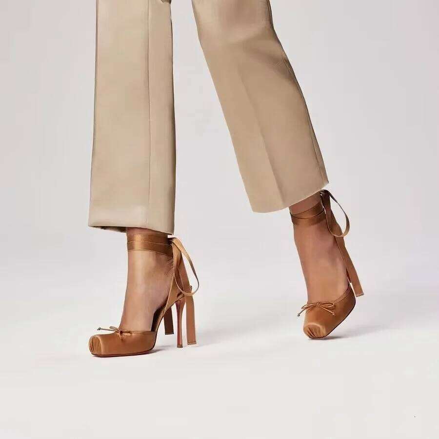 2025 Women's New Summer Square Satin Heel Sandals with Ankle Strap, Fashionable Party and Banquet Ballet High Heels