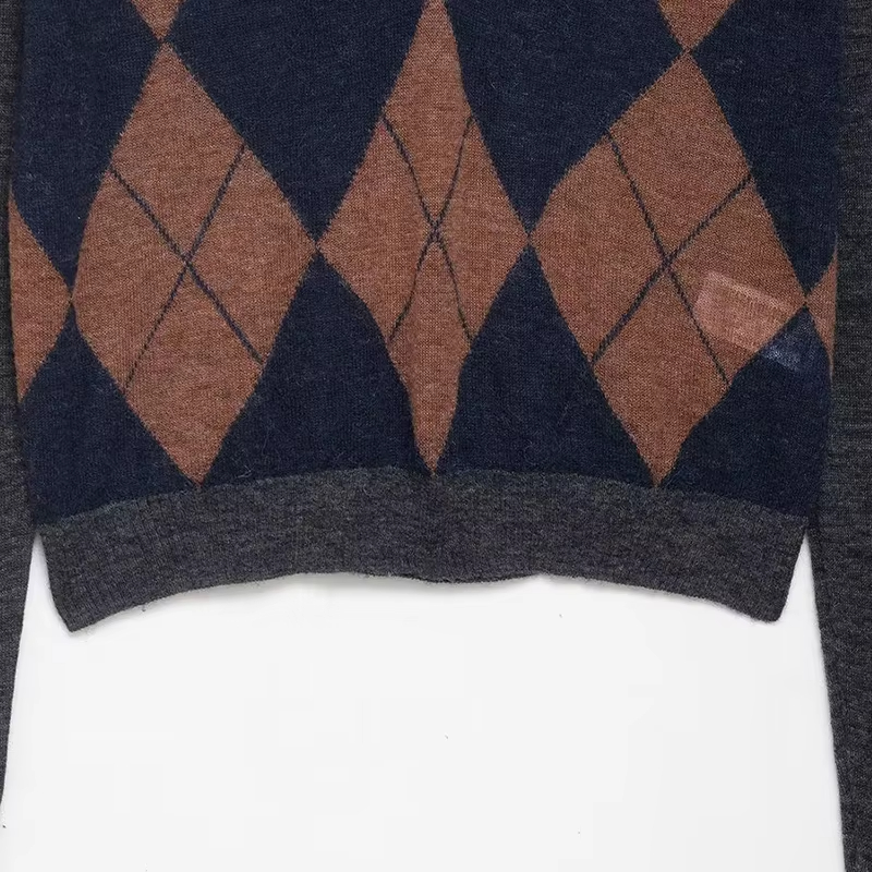 Argyle Plaid Front Button Knitted Pullover Sweater Vintage Lapel Neck Long Sleeves Female Chic Lady Tops