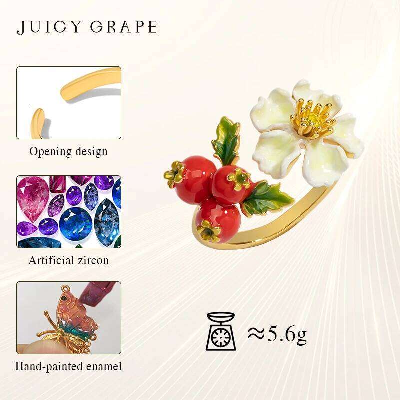 Luxury Enamel Rings for Women Hawthorn Flower and Fruit Adjustable Ring Handcrafted 18K Gold Plated 2024 Trend Jewelry XJ260130