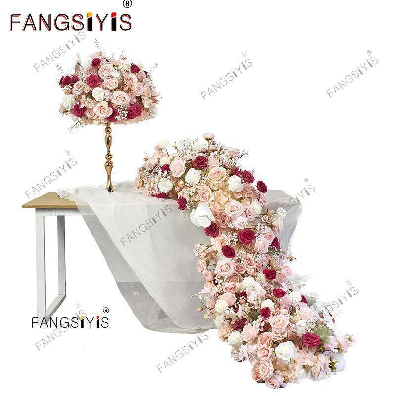 Brand-new Pink Rose Hydrangea Flower Row Runner Artificial Flowers Wedding Backdrop Decor Floral Wall Party Prop Window Display W260130