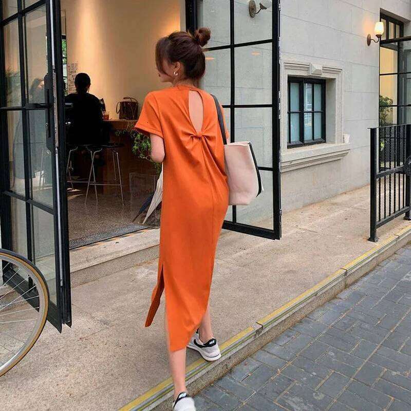 Casual Backless T Shirt Summer New Round Neck Short Sleeve Solid Color Loose Midi Dress Fashion Trend Women Clothing XJ260130