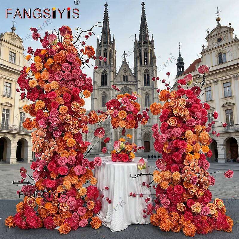 Wedding Backdrop Arch Flower Runner,orange-red,Hydrangea,Rose,KT Board Decor Floral Row Arrangement,Event Party Props Display Y260130