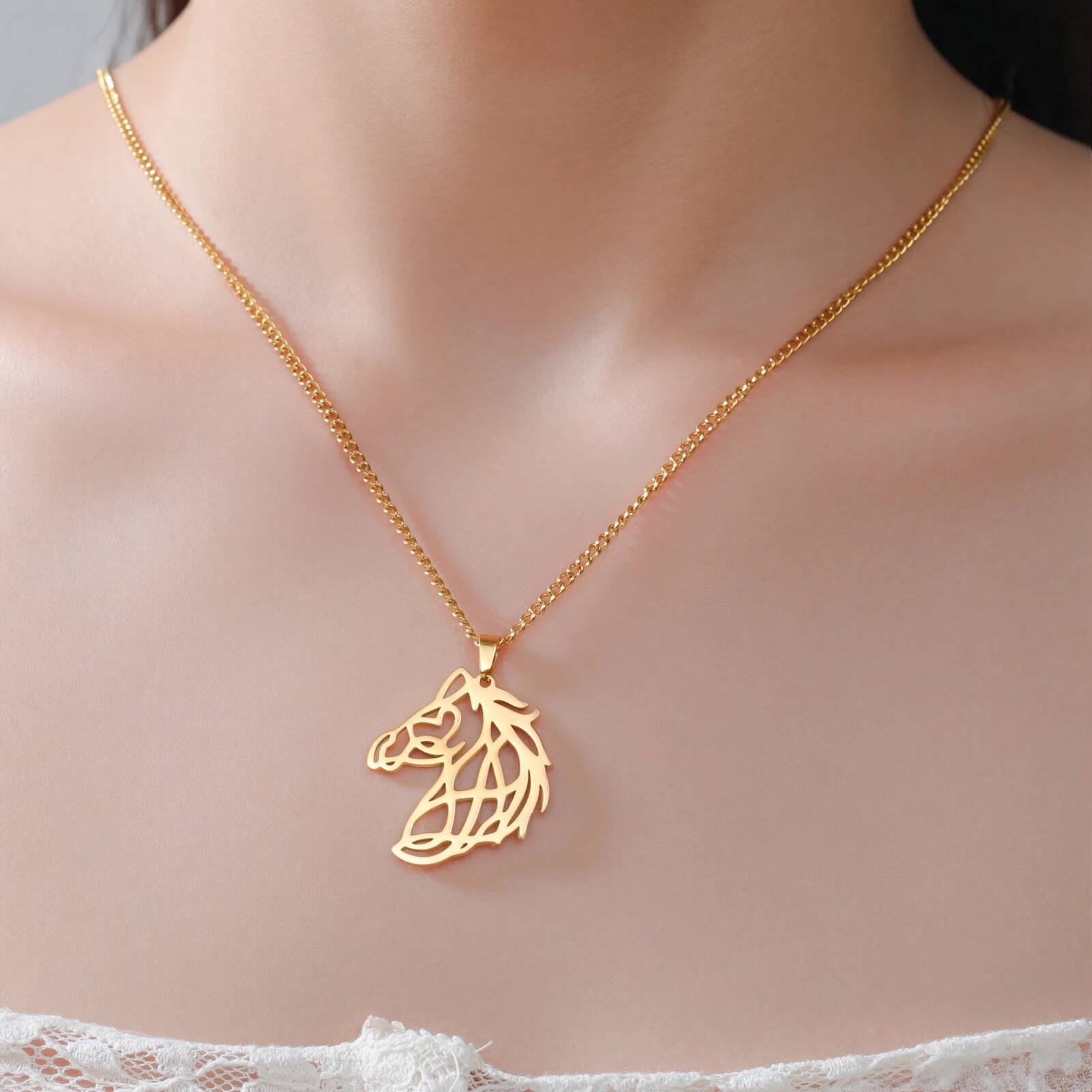 My Shape Geometric Horse Head Pendant Necklaces Women Men Stainless Steel Gold Plated Animal Charm Jewelry Gifts For Friend