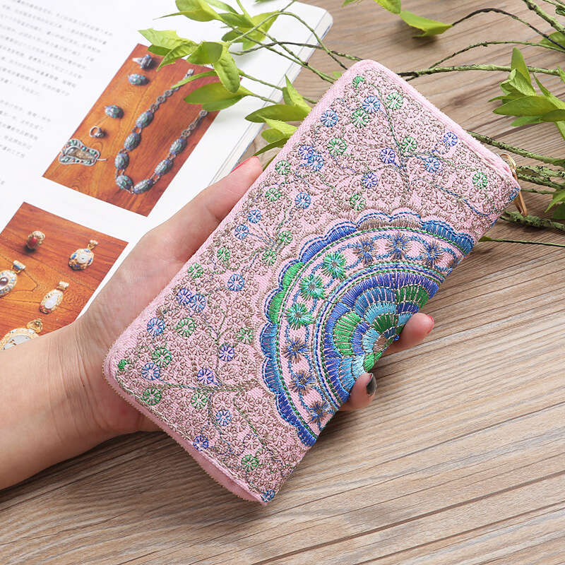 New Chinese Embroidered Wallet Yunnan Ethnic Style Long Zipper Clutch Fabric Double-Sided Embroidery Women's Card Holder National Trend