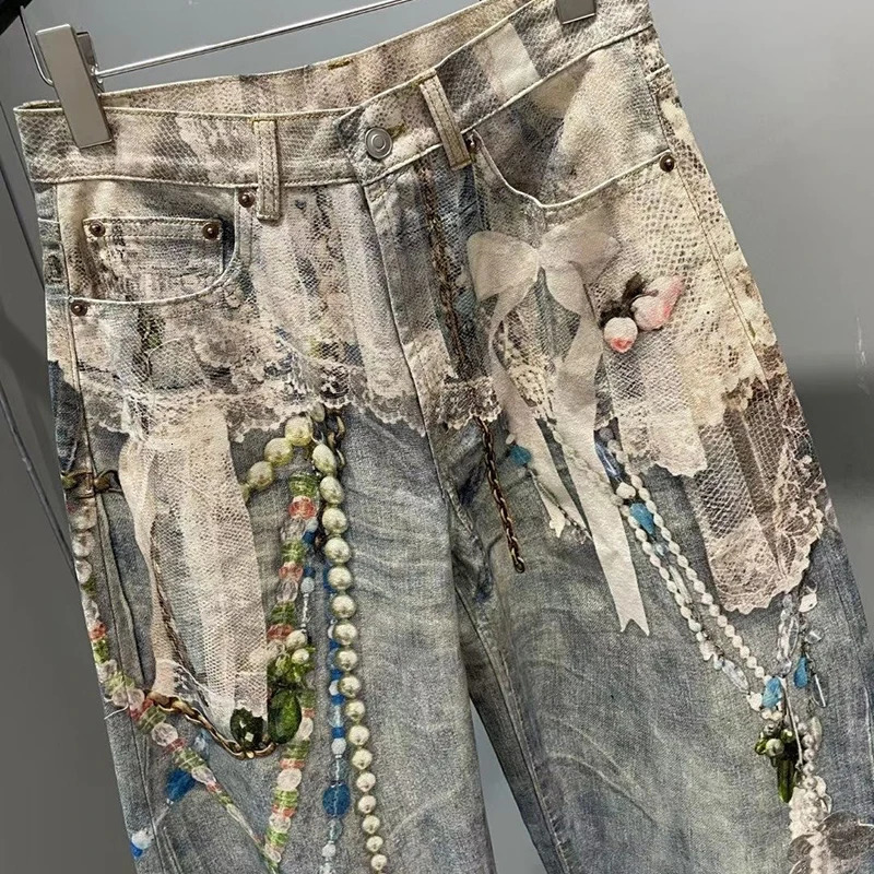 DEAT Fashionable Niche 3D Printed Lace Pearl Chain Denim Pants For Women High Waist Straight Leg Jeans Female Trendy 11A05476 260126