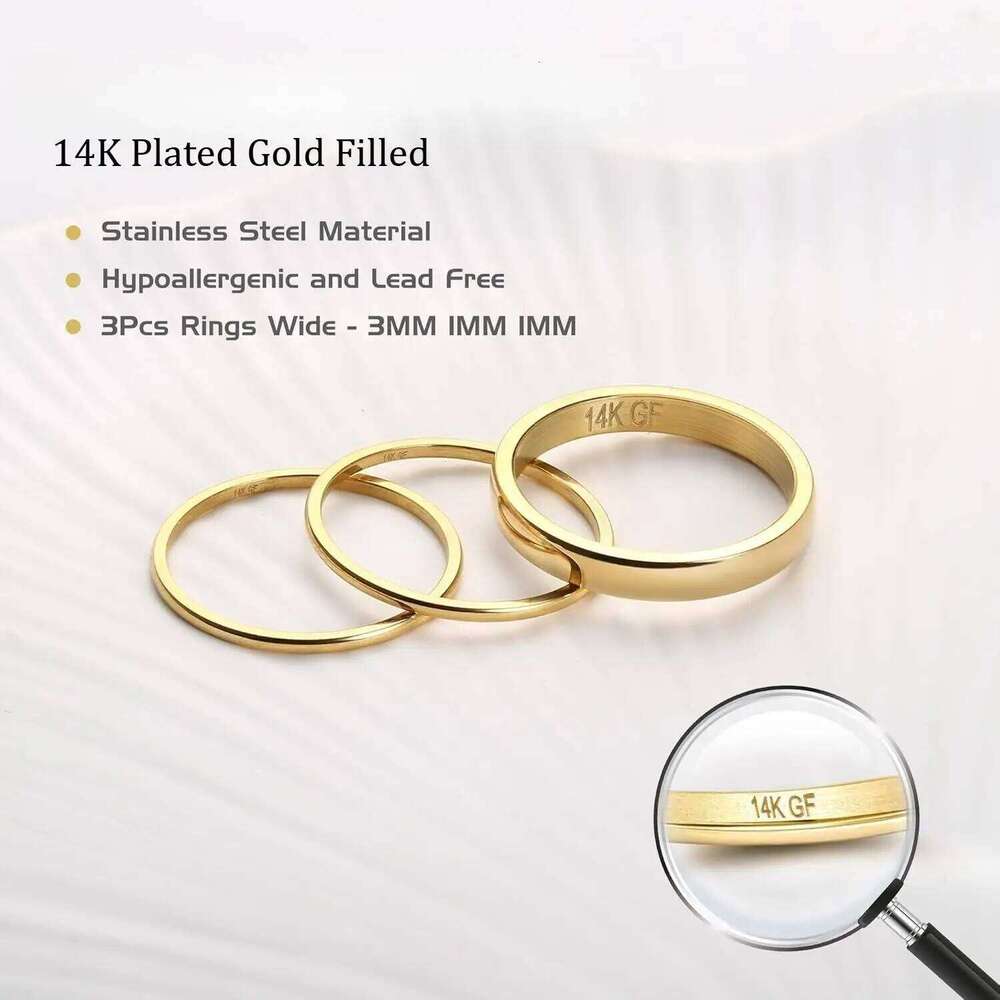14K Gold Plated for Women Men Stacking Rings Thin Simple Plain Pinky Thumb Statement Band Ring Comfort Fit 3Pcs 1mm 3mm XJ260130