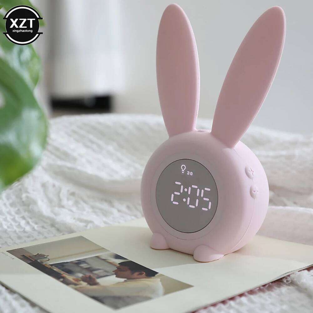 Mini Cartoon Digital Alarm Electronic LED Display Sound Control Cute Rabbit Night Lamp Desk Rechargeable Clock W260130